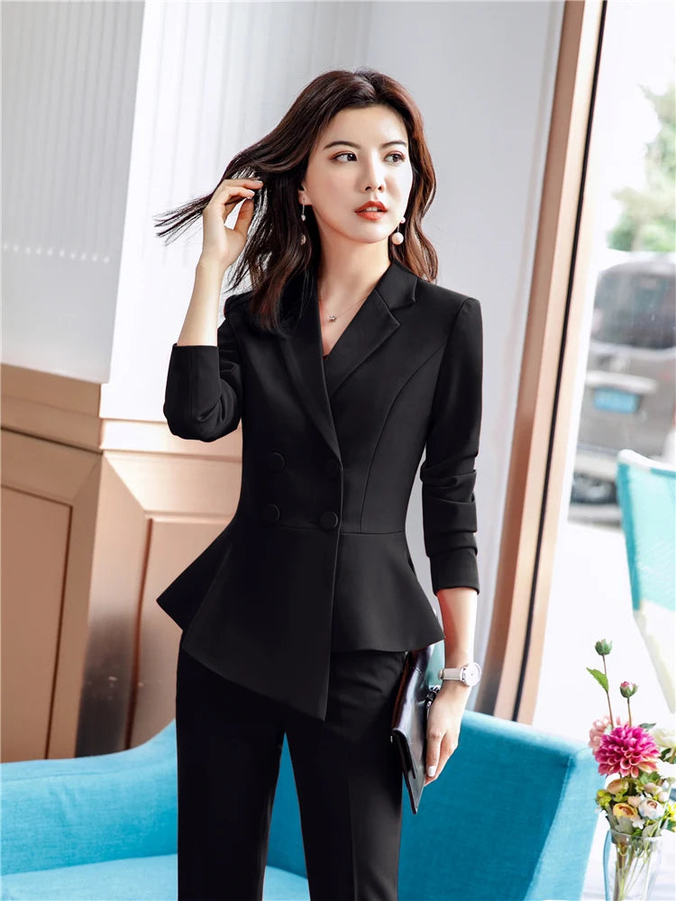 Women Red Blazer Slim Spring Autumn New Elegant Office Lady  Work Suit Ruffled Double Breasted Blazer Solid Dushicolorful