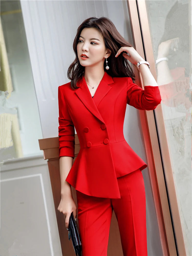 Women Red Blazer Slim Spring Autumn New Elegant Office Lady  Work Suit Ruffled Double Breasted Blazer Solid Dushicolorful