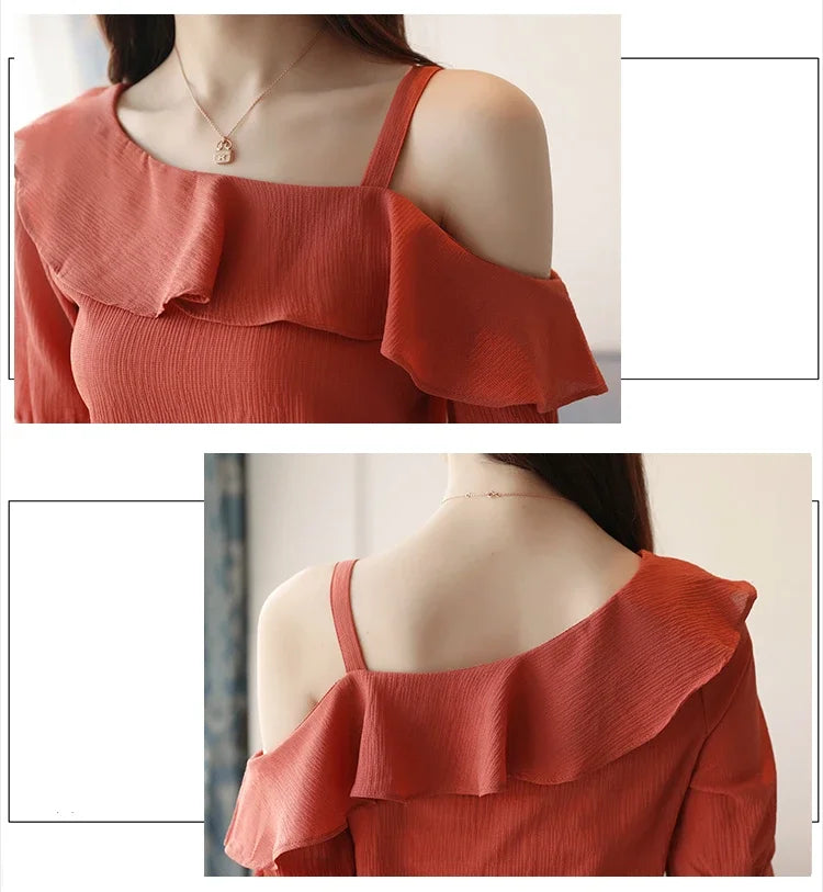 Short Sleeve Chiffon Blouse Off Shoulder Blouse Tops Womens Tops And Blouses B381