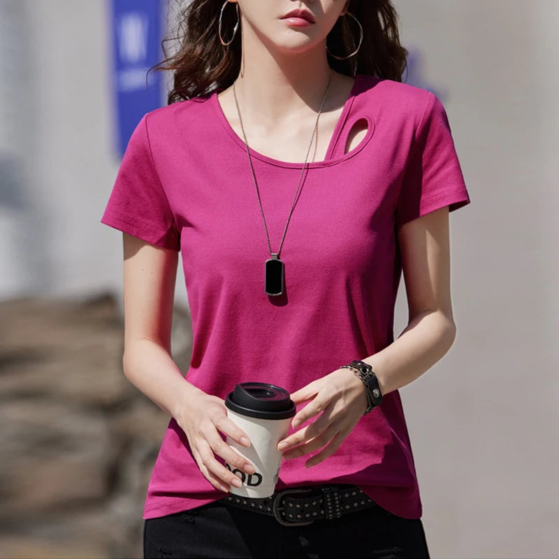 HI-FASHION Summer Short Sleeve T-shirt Women Irregular Neck Solid Color Cotton Casual Korean Fashion Slim Basic Tees Tops