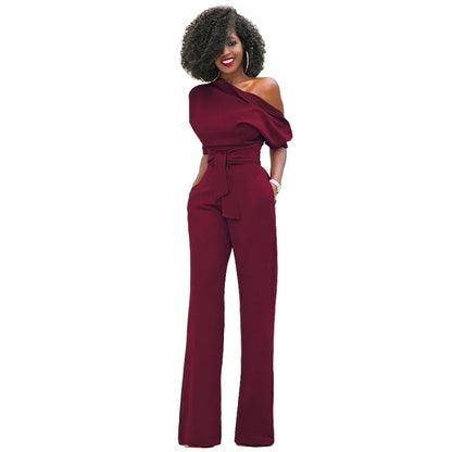 High Quality Casual Jumpsuit One Shoulder Slash Neck Button Romper Full Length Jumpsuit Wide Legs Jumpsuit