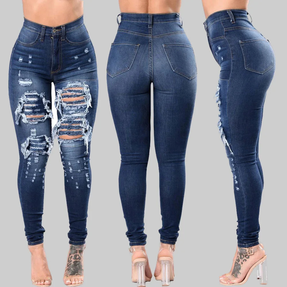 HOLE Denim Women 2024 High Waist Ripped Jeans for Women Skinny Black Pockets Jeans Woman Elastic Slim Jean Female Femme Pants