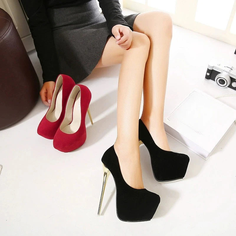 Sexy Club Suede Womens Black High Heels 16cm Stiletto Shoe Female Waterproof Stripper Flock Pumps Ladies Shoes Plus Size