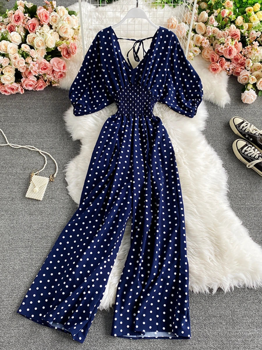 Autumn Sexy Polka Dot Romper Women Elegant V-Neck Puff Short Sleeve High Waist Jumpsuit Female Loose Wide Leg Playsuits Fashion