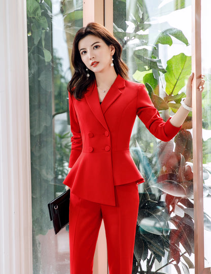 Women Red Blazer Slim Spring Autumn New Elegant Office Lady  Work Suit Ruffled Double Breasted Blazer Solid Dushicolorful