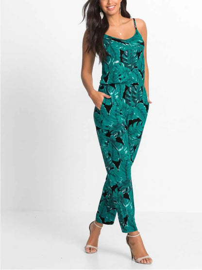 Women Jumpsuits Sexy Slip Sleeveless Pocket Floral Print Overalls Female Pocket Jumpsuits XXQQ-8896