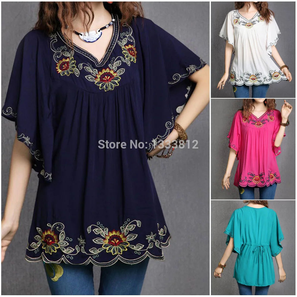 Cotton Tops Clothes Vintage Mexican Ethnic Floral Embroidery Batwing Loose Casual Boho Tunic Blouse Blusa Mujer