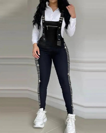 Rhinestone Decor Buckled Suspender Jumpsuit Woman Long Jumpsuits Elegant New Fashion Casual