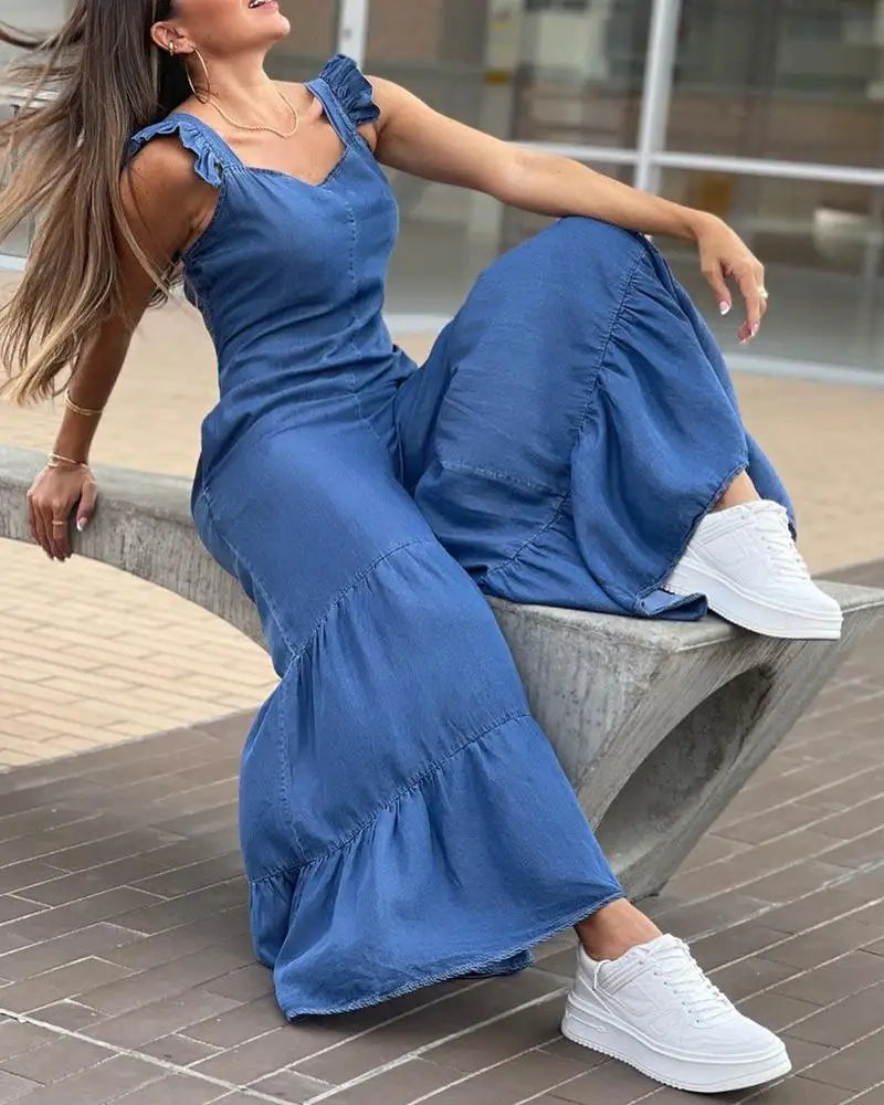 Women Solid Elegant Flying Sleeves Flare Pants Sexy Denim Pants Jumpsuit