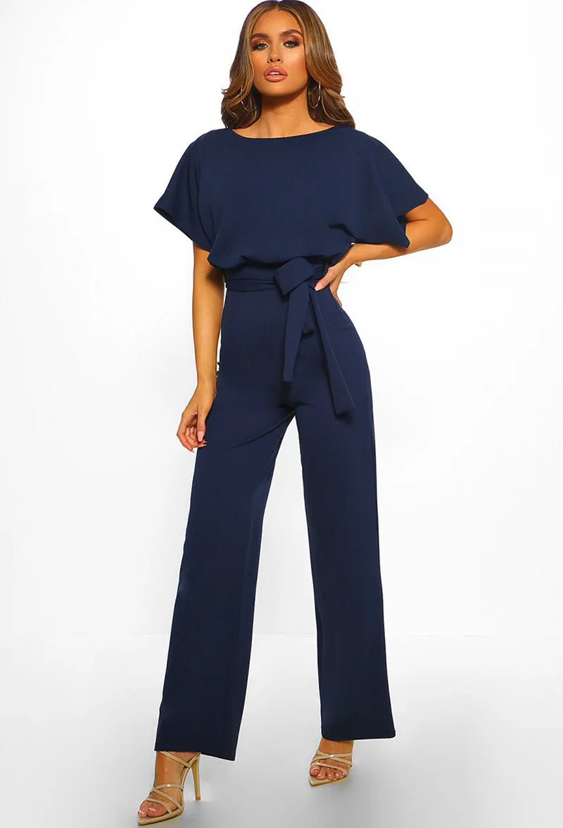 Women Jumpsuit Elegant Short Sleeve Hollowed Waist Tie Solid Summer Wide Leg Pants Bodysuit Overalls Wide Leg Cropped Pants