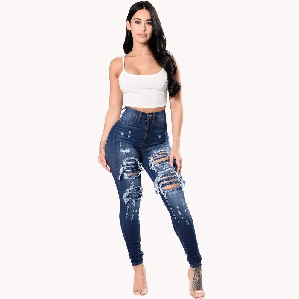 HOLE Denim Women 2024 High Waist Ripped Jeans for Women Skinny Black Pockets Jeans Woman Elastic Slim Jean Female Femme Pants