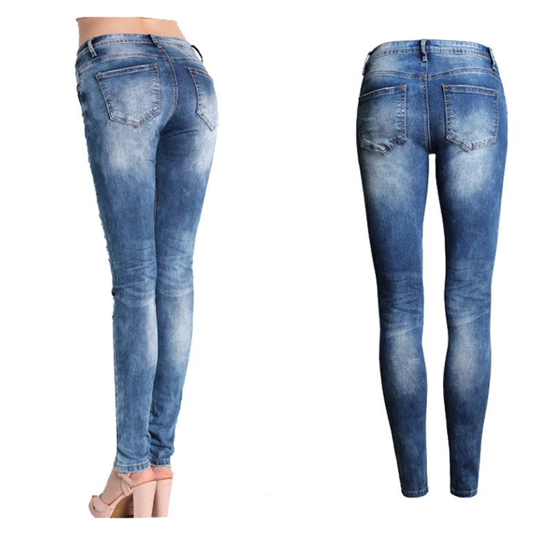 Women Jeans Blue Slim Ripped Jeans for Women Skinny Distressed Washed Stretch Denim Mom Jeans High Waist Pants Femme Bleached