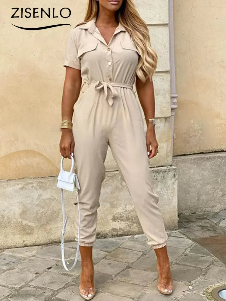 Overalls for Women Casual Lapel Lace-up Print Belt Work Jumpsuit Women One Pieces Bodysuit Women Chic and Elegant Long Jumpsuits