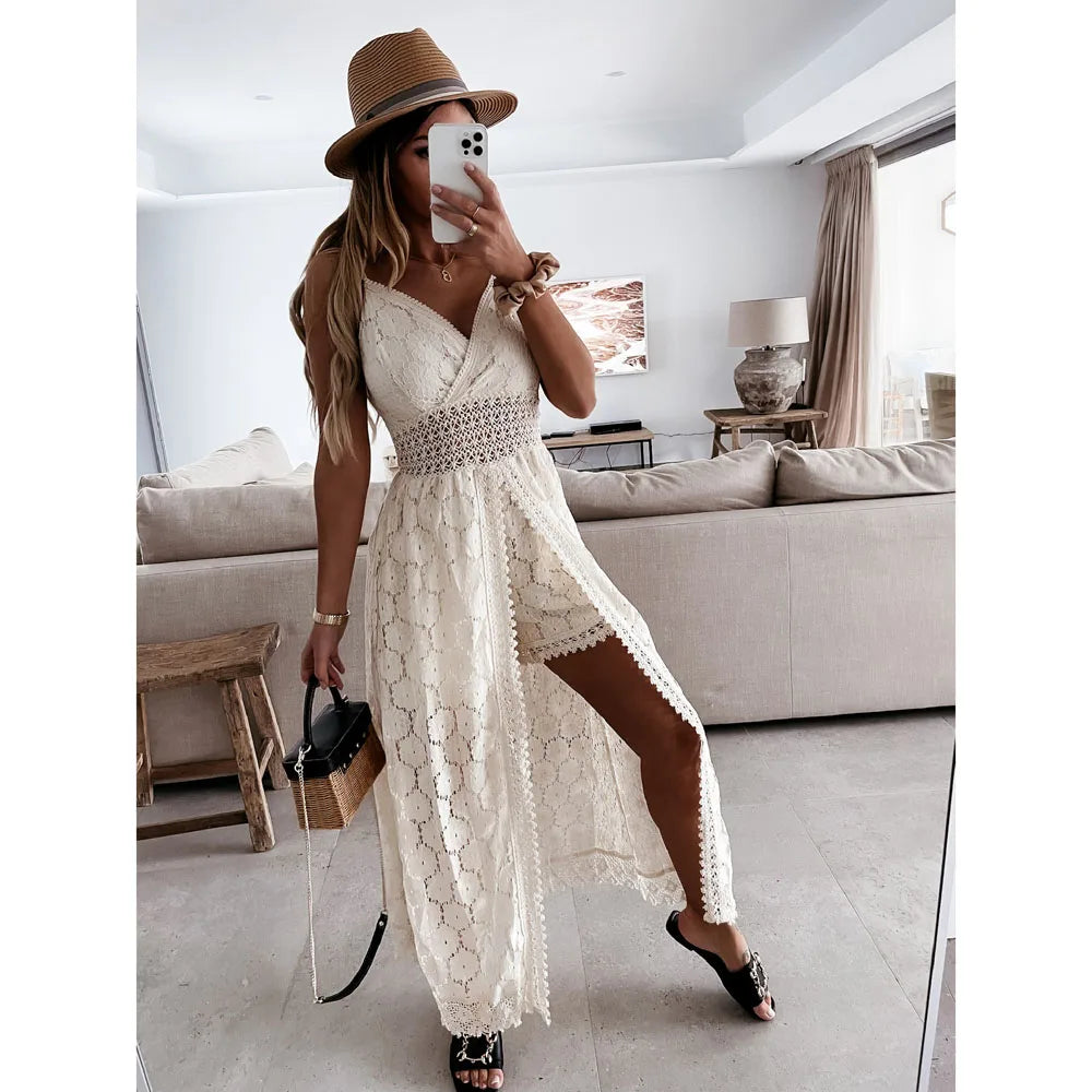 Summer V Neck Solid Color Lace Hollow-Out Sleeveless Sling Party Wear High Waist Rompers Holiday Casual White Women&