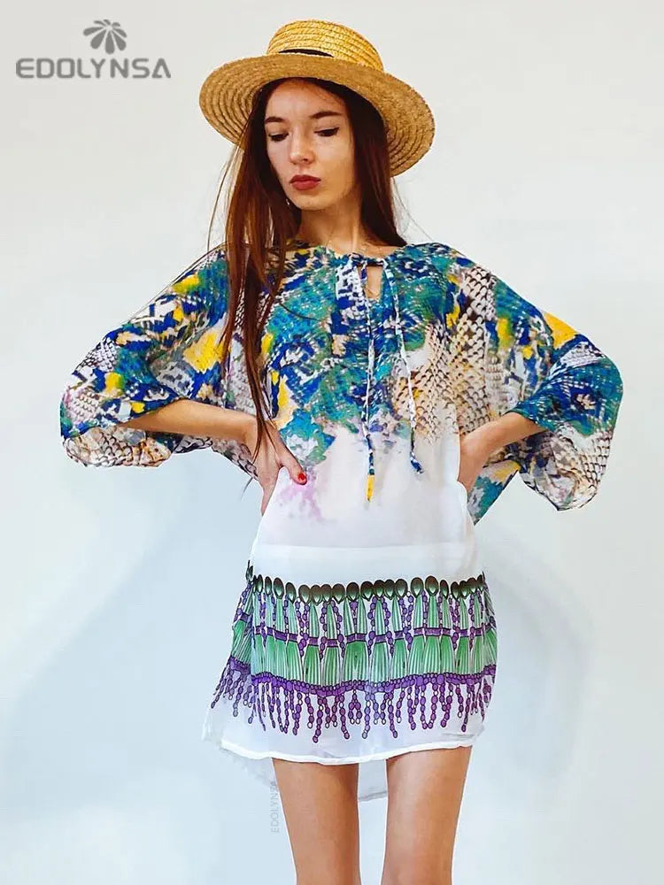 New Arrivals Beach Caftan Swimsuit Cover up Print Chiffon Pareo Women Robe Plage Swimwear Dress Sexy Sarong Beach Tunic 