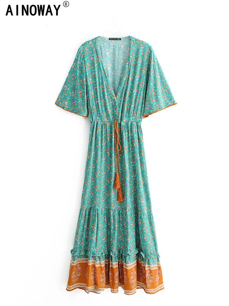 Vintage Chic Fashion Women Floral Print V-neck Rayon Cotton Bohemian Maxi Dresses Ladies V Neck Tassel Summer Beach Boho Dress