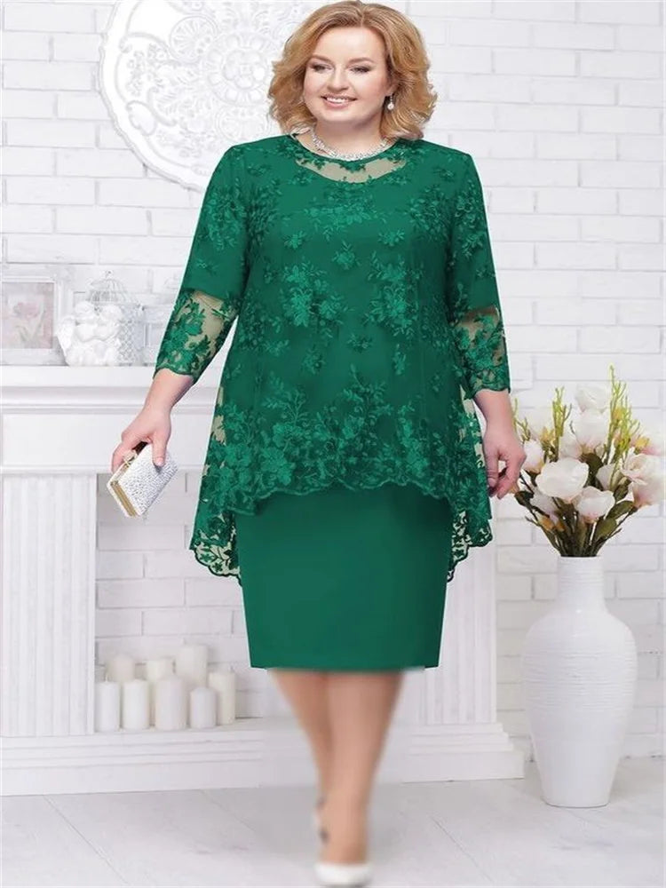 Two Piece Set Oversize 7XL 8XL Clothing Floral Embroidery Mesh Dress Women A Line Lace Dresses Lady Long Evening Party Vestidos