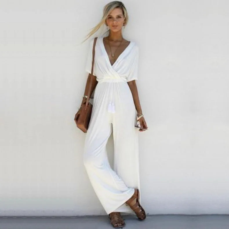 Women Summer Loose Short Sleeve Casual Jumpsuit Ladies Elegant V-Neck Fashion Clubwear Wide Leg Slim Pants Trouser lace-up waist