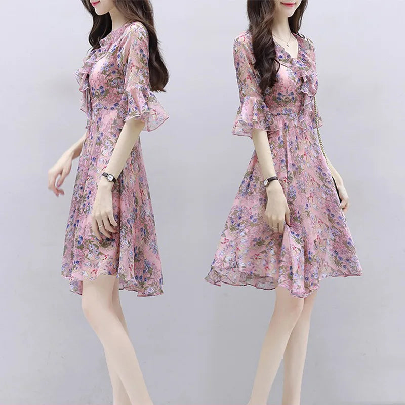 Oversize Floral Chiffon Dress Women Vestidos 2024 Summer New Elegant Slim V-Neck Butterfly Sleeve A-Line Mini Dresses Female