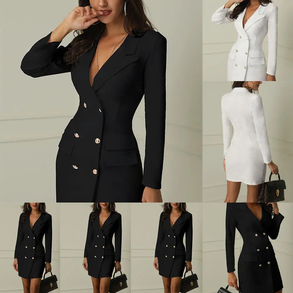 Autumn Winter Women Blazer Suit Casual Double Breasted Pocket Women Long Jackets Elegant Long Sleeve Female Blazer Outerwear 4XL