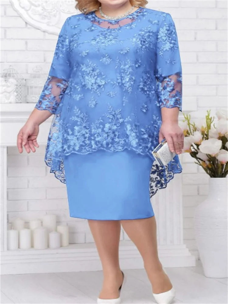 Two Piece Set Oversize 7XL 8XL Clothing Floral Embroidery Mesh Dress Women A Line Lace Dresses Lady Long Evening Party Vestidos