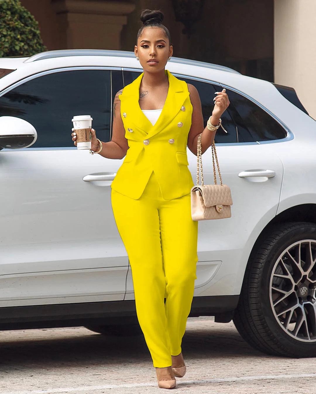 Women Summer Sleeveless Notch Neck Blazers Long Pants Suit Two Piece Set Vintage Office Lady Tracksuit Outfit Overall