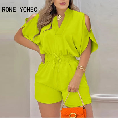 Women Solid Hollow Out Short Sleeves V Neck Elastic Waist Lace Up Casual Rompers