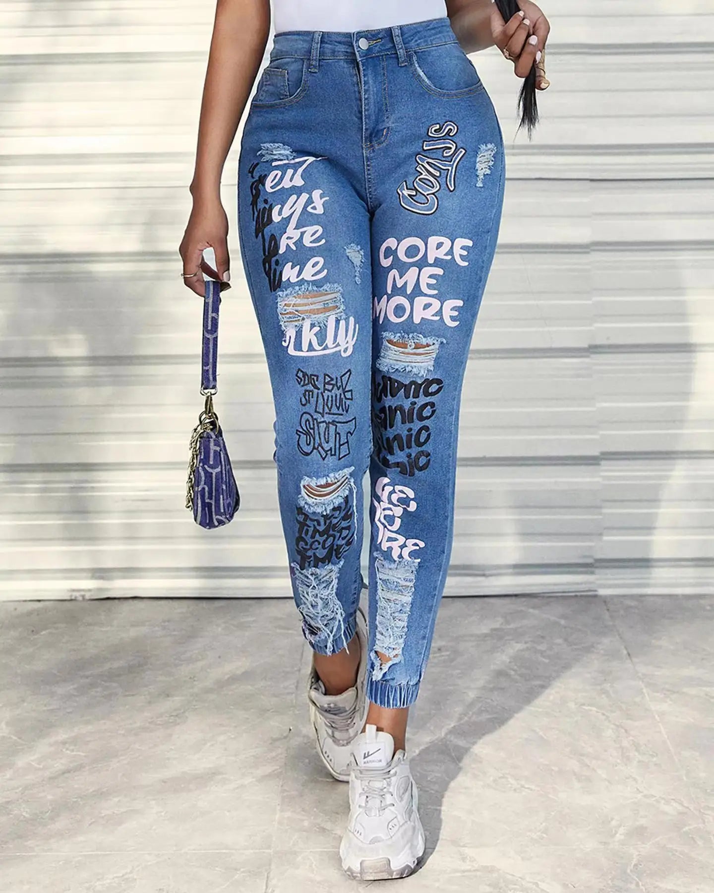 Women Denim Jeans Ankle Length Print Holes Pencil Pants Pockets Washing Slim Basics Zipper Fly Spring Flat Slight Strech