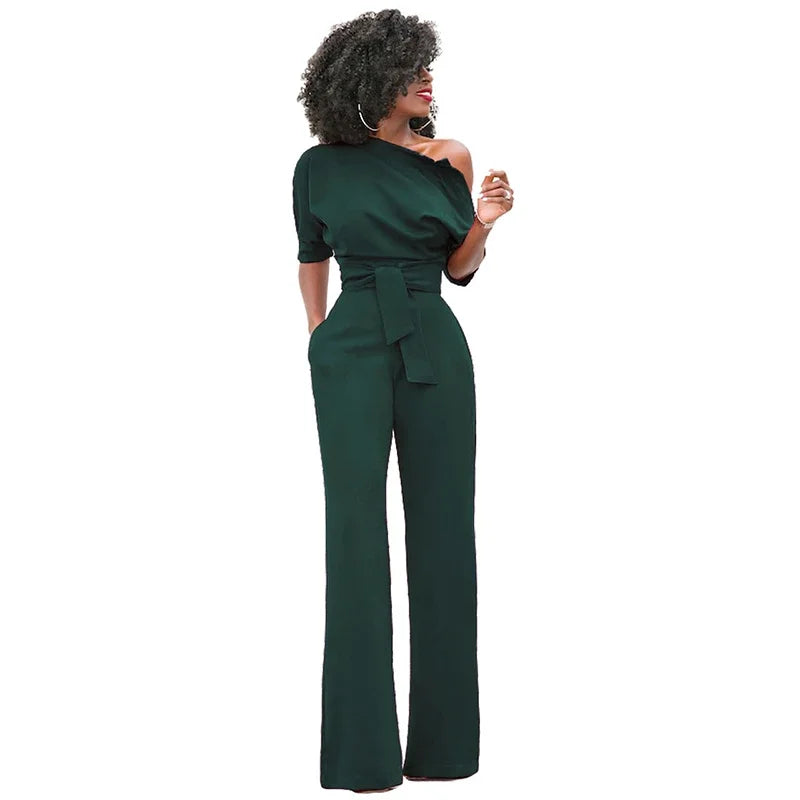 High Quality Casual Jumpsuit One Shoulder Slash Neck Button Romper Full Length Jumpsuit Wide Legs Jumpsuit