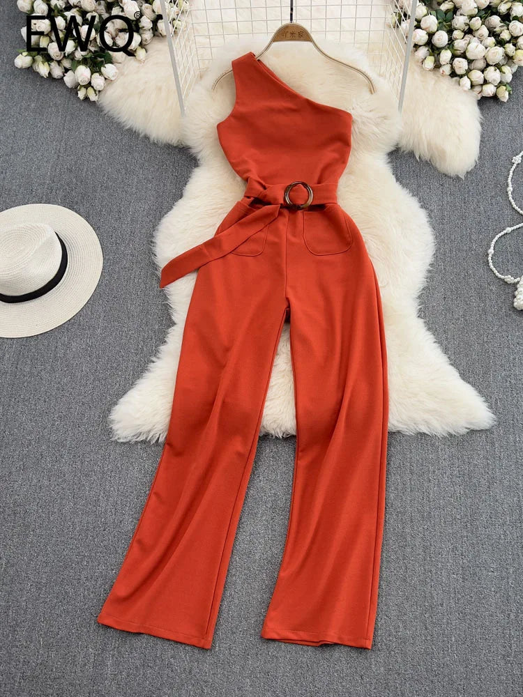 EWQ Sweet Style Women Jumpsuits Diagonal Collar Lace-up Sleeveless Solid Color High Waist Jumpsuit Spring Summer 2024 New SN0530