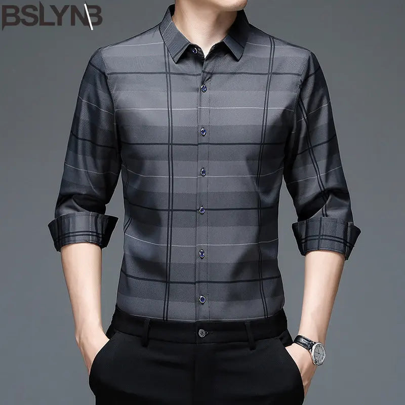 Spring Autumn Plaid Polo Shirt Men&