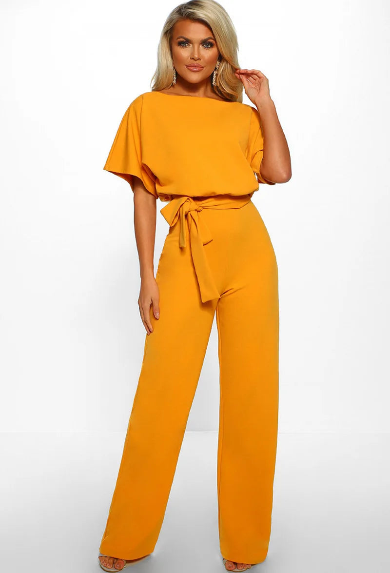 Women Jumpsuit Elegant Short Sleeve Hollowed Waist Tie Solid Summer Wide Leg Pants Bodysuit Overalls Wide Leg Cropped Pants