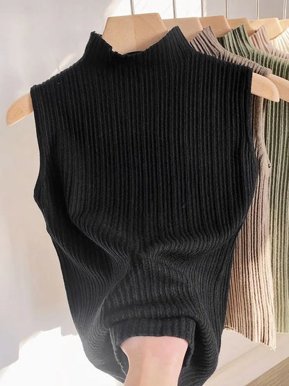 Spring/summer New Shoulder Cropped Sleeveless Top Half-turtleneck Knit Tank Top Women&