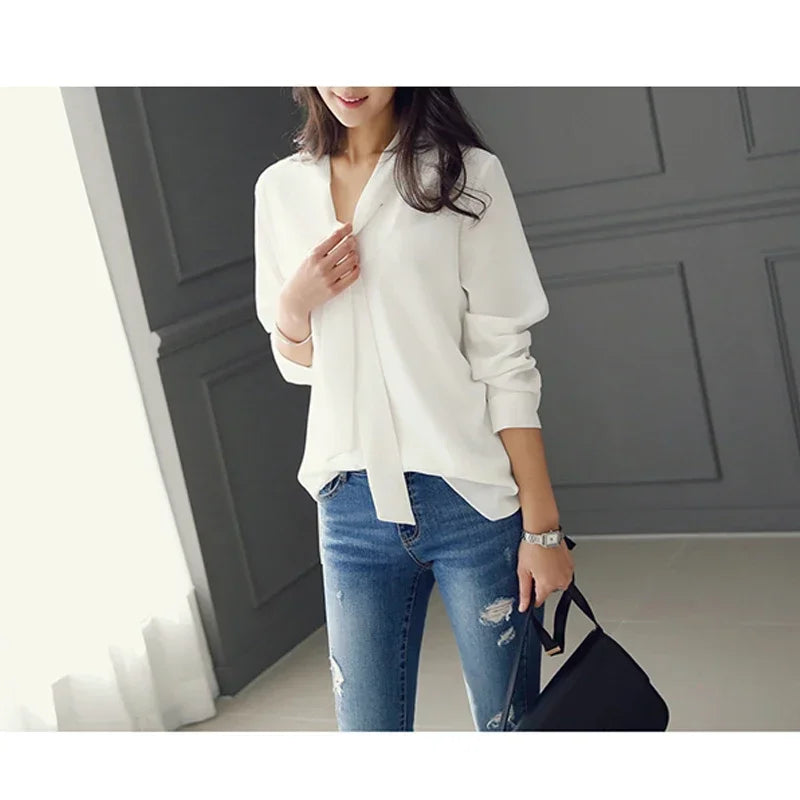 Long Sleeve Bow Tie Shirt Spring and Autumn New Fashion Women Clothing Loose Chiffon Shirt Women&