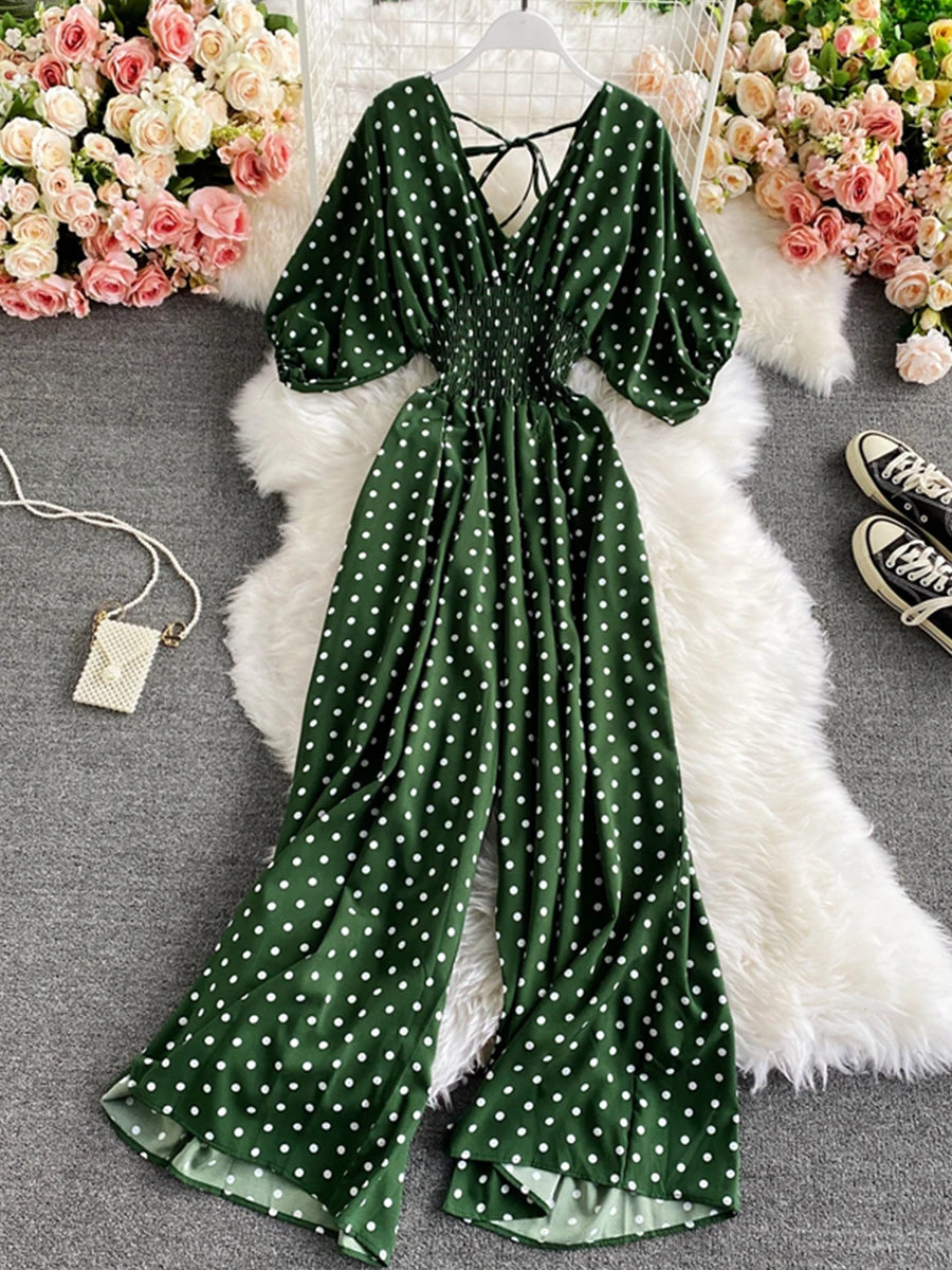 Autumn Sexy Polka Dot Romper Women Elegant V-Neck Puff Short Sleeve High Waist Jumpsuit Female Loose Wide Leg Playsuits Fashion