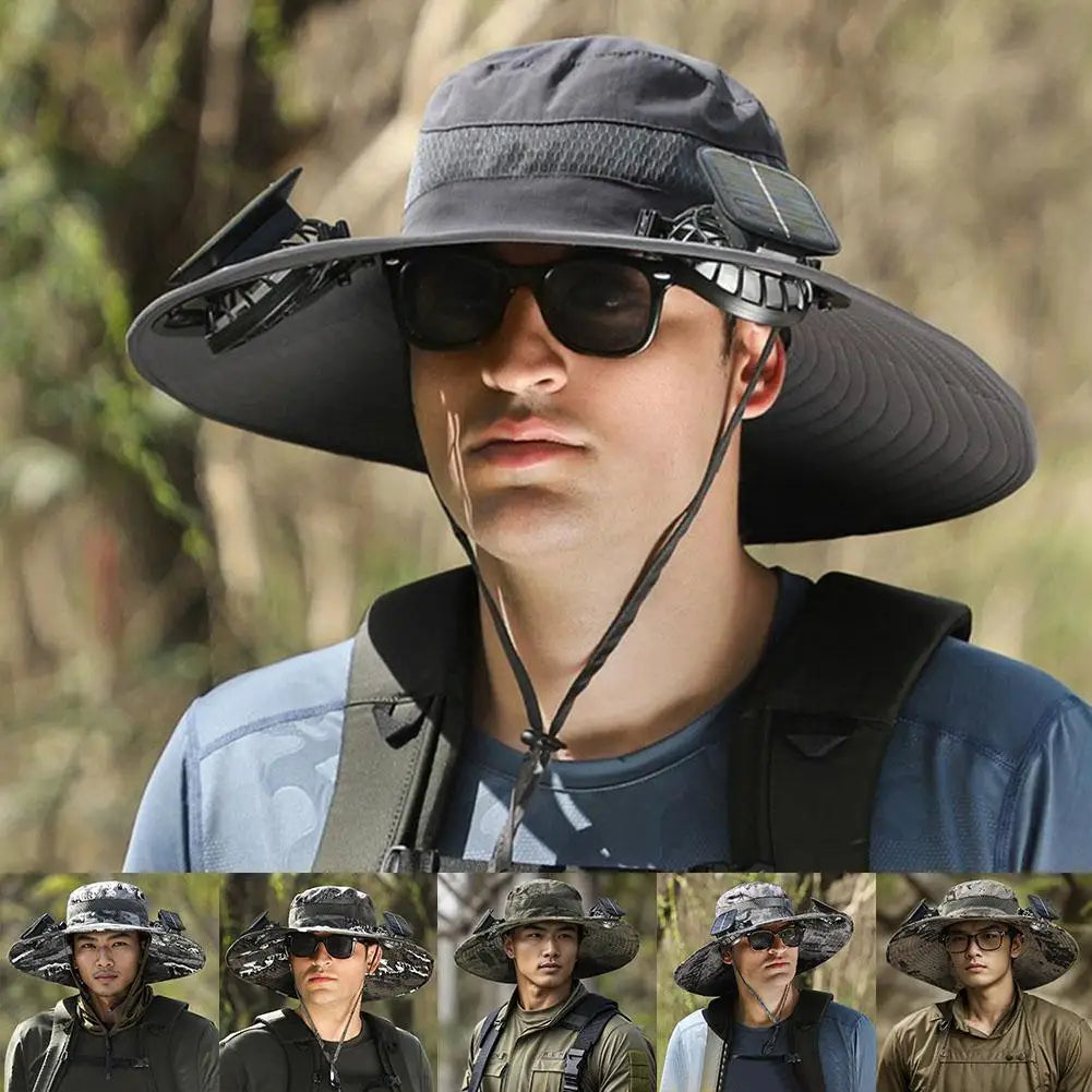 Solar Fan Outdoor Fishing Hat Fan Solar Charging Big Wind Summer Big Rim Sunblock Hat Male Visor Fisherman Hat Quick Dry