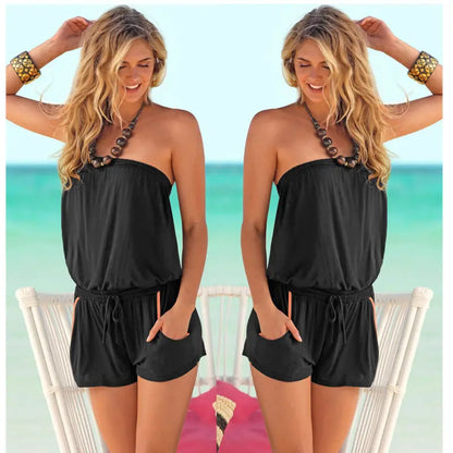 Women Summer Playsuits Sexy Slash Neck Pocket Beach Jumpsuits Short Overalls Boho Girls Rompers XXQQ-9962