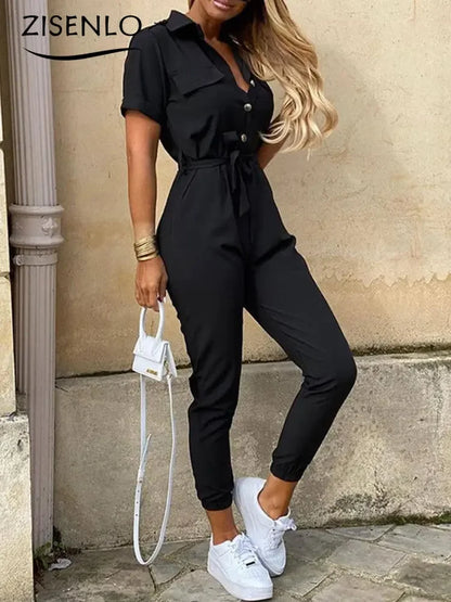 Overalls for Women Casual Lapel Lace-up Print Belt Work Jumpsuit Women One Pieces Bodysuit Women Chic and Elegant Long Jumpsuits