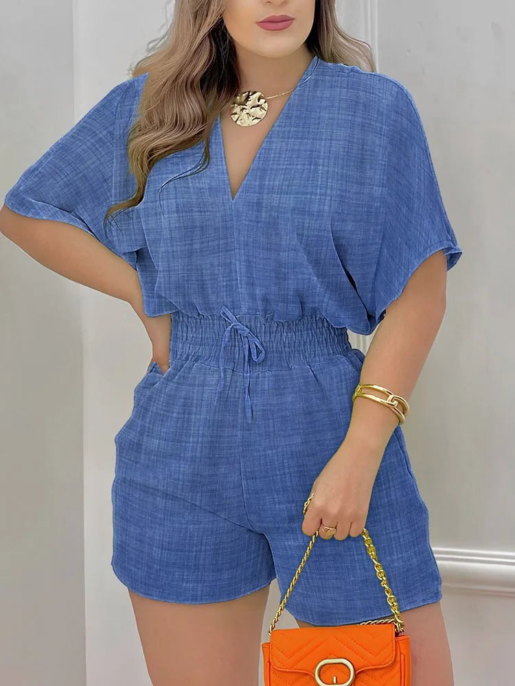 Elegant Women Summer Jumpsuit Casual Short Sleeve V Neck Lace-up Print Romper Jumpsuit Shorts Women&