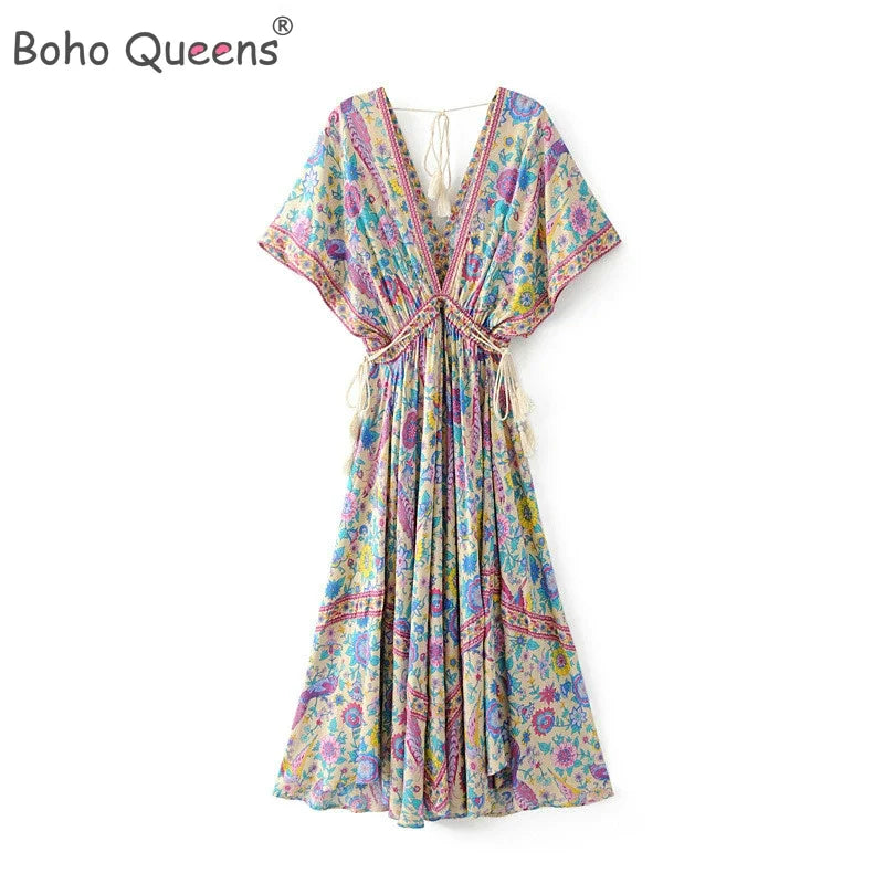 Boho Queens Women Peacock Floral Print Bat Sleeve Beach Bohemian  Maxi Dresses Ladies V Neck Tassel Summer Dress Vestidos