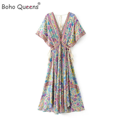 Boho Queens Women Peacock Floral Print Bat Sleeve Beach Bohemian  Maxi Dresses Ladies V Neck Tassel Summer Dress Vestidos