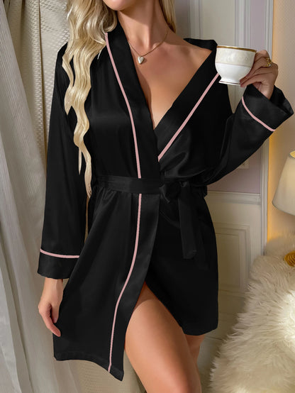 Solid Satin Sexy Night Robe Elegant Long Sleeve  V Neck House Robe With Belt  Women&