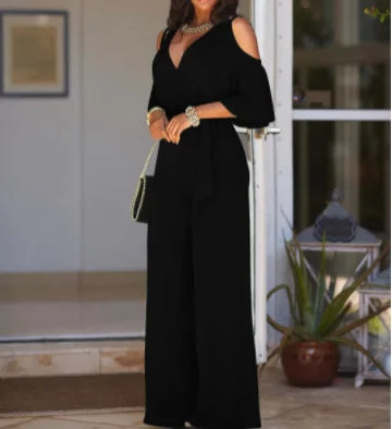 Three-quarter Sleeve Cutout Off Shoulder Wide Leg Jumpsuit Ladies Casual Short Sleeve Solid Color Jumpsuit