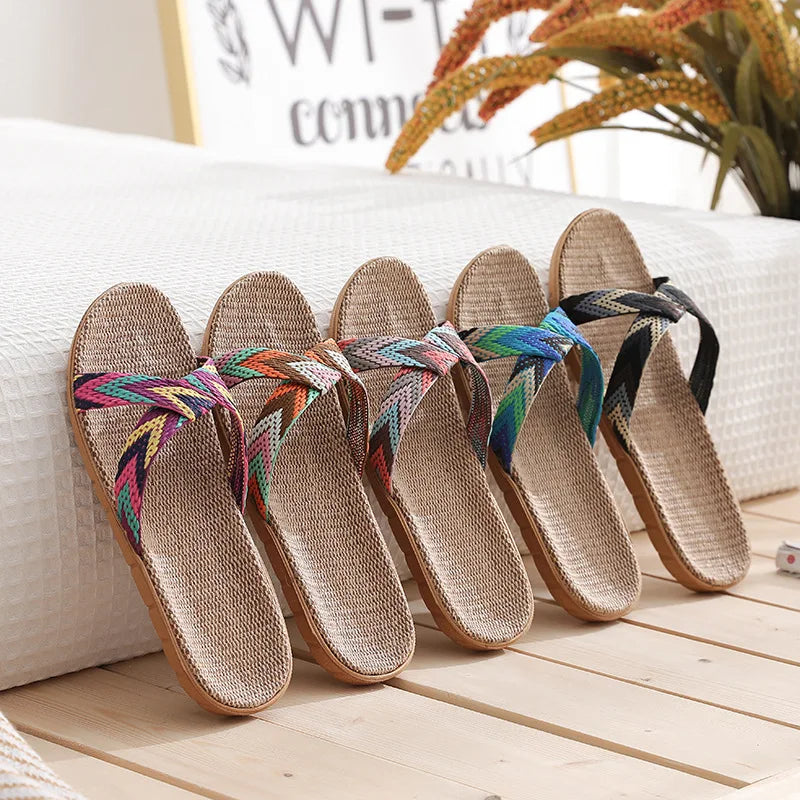 Mntrerm New Candy Color Flax Home Slippers Striped Cut-outs Summer Indoor Slippers Flats Soft Cool Women Linen Slipper