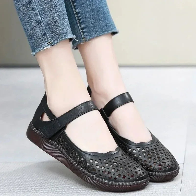 2023 Summer New Hollow Out Cool dance Women Fashion Breathable Casual Soft Sole Flat Heel Leather Single Shoes Drop Shipping