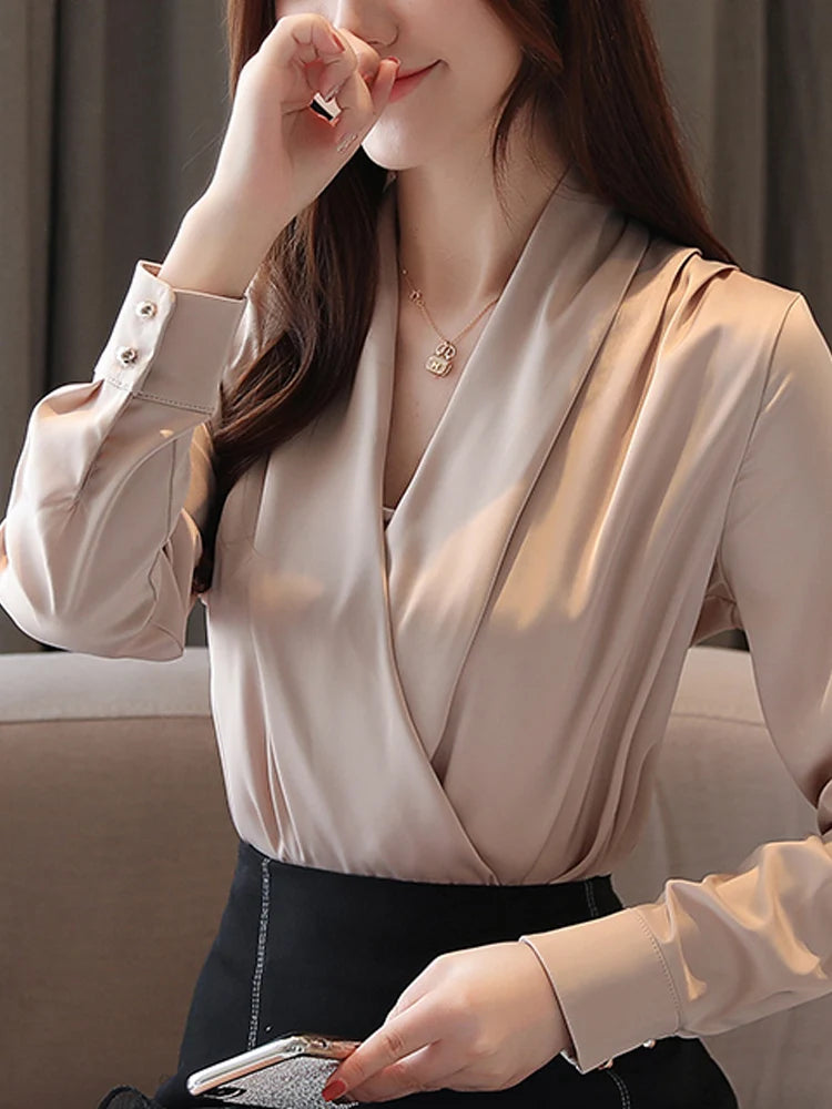 Deep V-neck Satin Blouses Women Chiffon Shirts Solid Elegant Female Office Lady Tops White Red Ladies Clothes Long Sleeve 2022