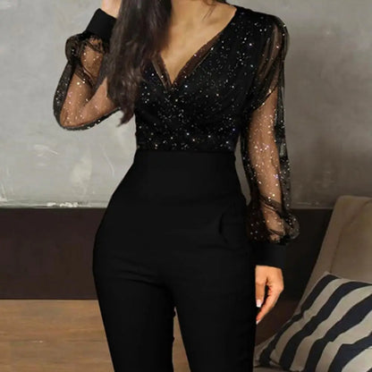 Deep V Neck Mesh Long Sleeve Jumpsuit One Piece Overall Women Jumpsuit Black Elegant Sequins Glitter Party Night Sexy Bodysuits