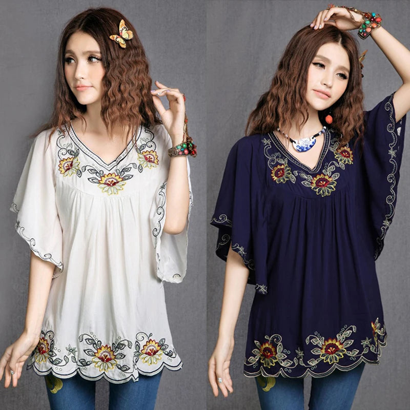 Cotton Tops Clothes Vintage Mexican Ethnic Floral Embroidery Batwing Loose Casual Boho Tunic Blouse Blusa Mujer