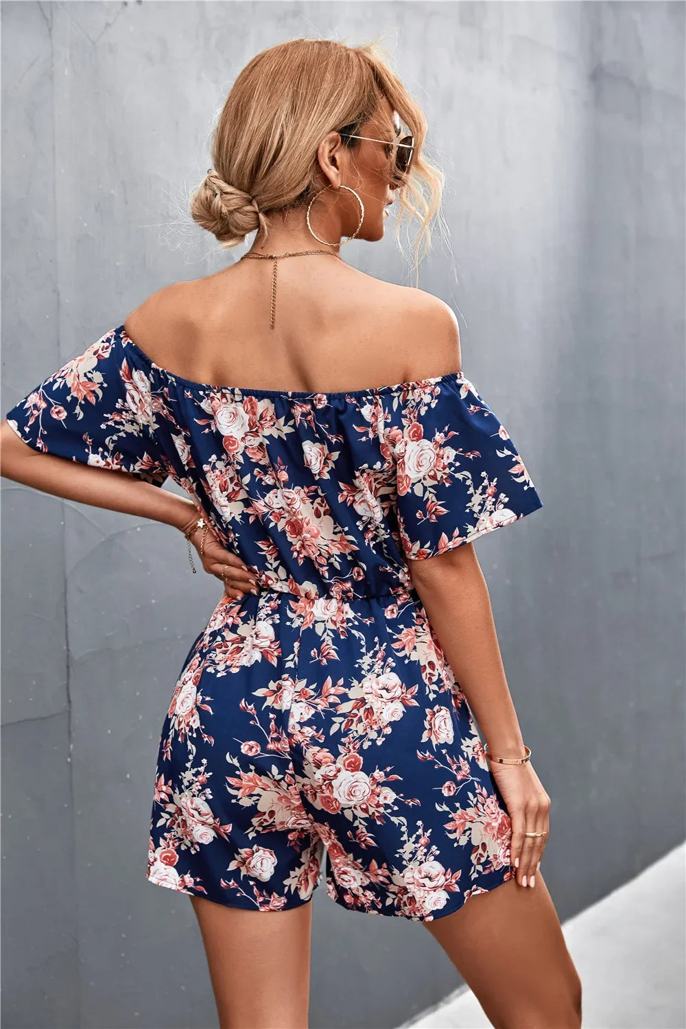 Summer Woman Playsuits Flowers Printed Sexy Off Shoulder Slim Romper Jumpsuit Women Short Sleeve Holiday Beach Playsuit