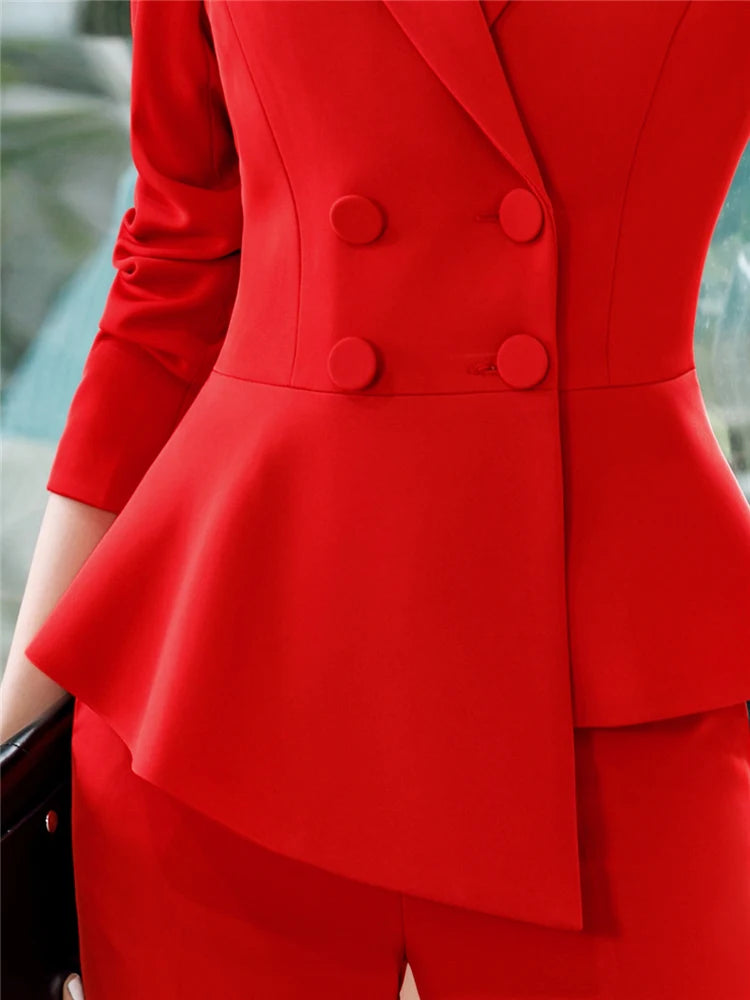 Women Red Blazer Slim Spring Autumn New Elegant Office Lady  Work Suit Ruffled Double Breasted Blazer Solid Dushicolorful